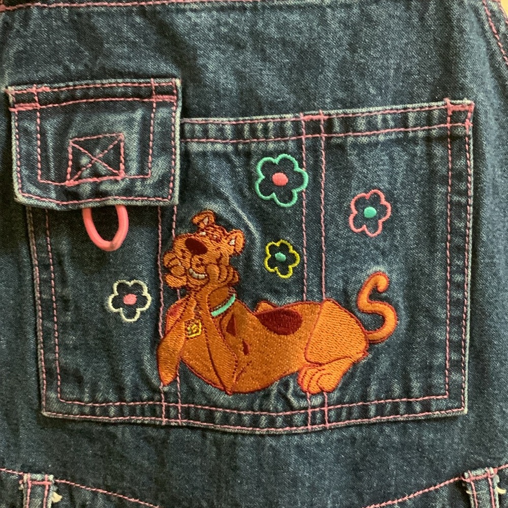 Vintage Y2K Scooby Doo Denim Jean Jumper Dress Shortall Size 7/8 Cotton Floral - Picture 2 of 13